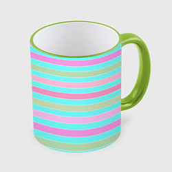Кружка 3D Pink turquoise stripes horizontal Полосатый узор, цвет: 3D-светло-зеленый кант