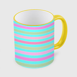 Кружка 3D Pink turquoise stripes horizontal Полосатый узор, цвет: 3D-желтый кант