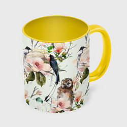 Кружка 3D Цветы Нарисованные Магнолии и Птицы, цвет: 3D-белый + желтый