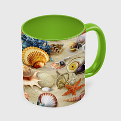 Кружка 3D Морские раковины, кораллы, морские звёзды на песке, цвет: 3D-белый + светло-зеленый