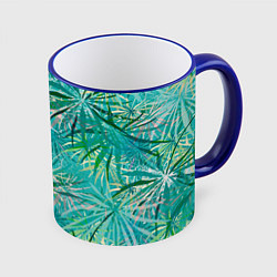 Кружка 3D Тропические листья на зеленом фоне, цвет: 3D-синий кант