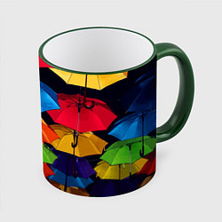 Кружка 3D Разноцветные зонтики - композиция, цвет: 3D-зеленый кант