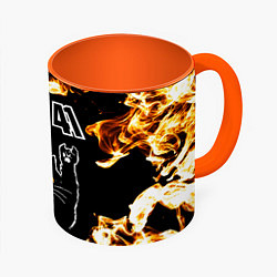Кружка 3D Sum41 рок кот и огонь, цвет: 3D-белый + оранжевый