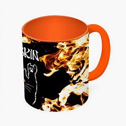 Кружка 3D Maneskin рок кот и огонь, цвет: 3D-белый + оранжевый