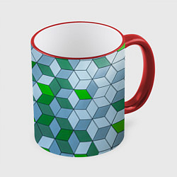 Кружка 3D Зелёные и серые абстрактные кубы с оптической иллю, цвет: 3D-красный кант