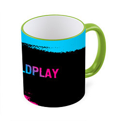 Кружка 3D Coldplay - neon gradient: надпись и символ, цвет: 3D-светло-зеленый кант