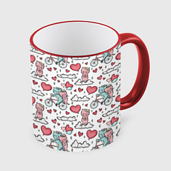 Кружка 3D Влюблённые кот и кошка на велосипеде, цвет: 3D-красный кант