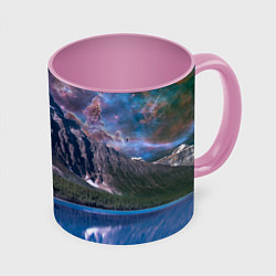 Кружка 3D Горы и лес у озера, цвет: 3D-белый + розовый