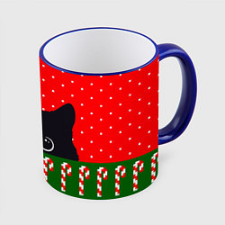 Кружка 3D Котик: новогодний свитер, цвет: 3D-синий кант