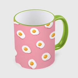 Кружка 3D Яичница на розовом фоне, цвет: 3D-светло-зеленый кант