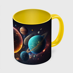 Кружка 3D Ппланеты и космос от нейросети, цвет: 3D-белый + желтый