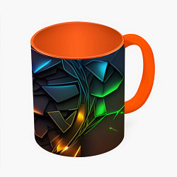 Кружка 3D Яркие неоновые объекты, цвет: 3D-белый + оранжевый