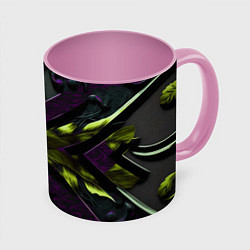 Кружка 3D Зеленые листья и фиолетовые вставки, цвет: 3D-белый + розовый
