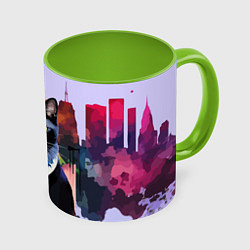 Кружка 3D Чёрный котяра в Нью-Йорке, цвет: 3D-белый + светло-зеленый