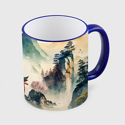 Кружка 3D Японский пейзаж - акварель, цвет: 3D-синий кант