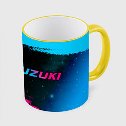 Кружка 3D Suzuki - neon gradient: надпись и символ, цвет: 3D-желтый кант