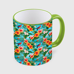 Кружка 3D Яркие гавайские цветочки, цвет: 3D-светло-зеленый кант
