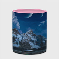 Кружка 3D Ночные горы в природе и небо с нло, цвет: 3D-белый + розовый — фото 2