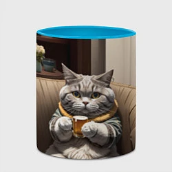 Кружка 3D Кот сидит на диване с напитком, цвет: 3D-белый + небесно-голубой — фото 2