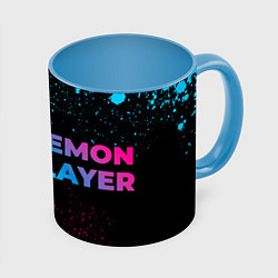 Кружка 3D Demon Slayer - neon gradient: надпись и символ, цвет: 3D-белый + небесно-голубой