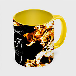Кружка 3D Evanescence рок кот и огонь, цвет: 3D-белый + желтый