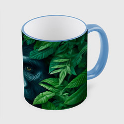 Кружка 3D Горилла в кустах, цвет: 3D-небесно-голубой кант