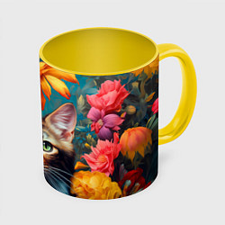 Кружка 3D Дикая кошка в цветах, цвет: 3D-белый + желтый
