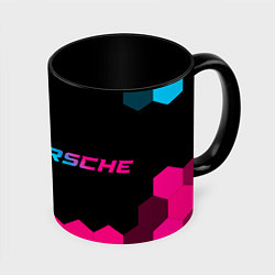 Кружка 3D Porsche - neon gradient: надпись и символ, цвет: 3D-белый + черный