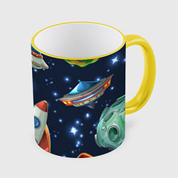 Кружка 3D Космические корабли и планеты, цвет: 3D-желтый кант