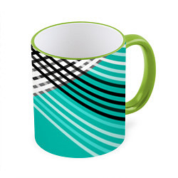 Кружка 3D Черно-белые переплетенные полосы на бирюзовом фоне, цвет: 3D-светло-зеленый кант