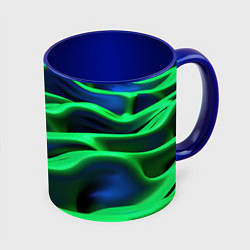 Кружка 3D Зеленые неоновые волны, цвет: 3D-белый + синий