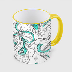 Кружка 3D Дракон Хаку в стиле тату: белый и бирюзовый паттер, цвет: 3D-желтый кант