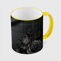 Кружка 3D Серо-черная шотландская клетка и цветы, цвет: 3D-желтый кант