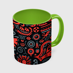 Кружка 3D Красно-черный узор в славянском стиле, цвет: 3D-белый + светло-зеленый