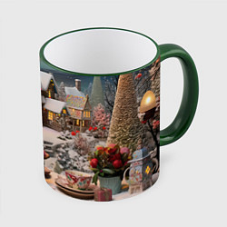 Кружка 3D Объемные новогодние домики, цвет: 3D-зеленый кант