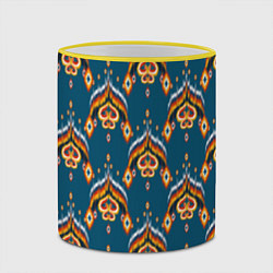 Кружка 3D Узбекская имитация ткани икат - синий орнамент, цвет: 3D-желтый кант — фото 2
