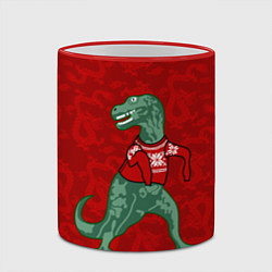 Кружка 3D Динозавр в свитере - новогодние драконы, цвет: 3D-красный кант — фото 2