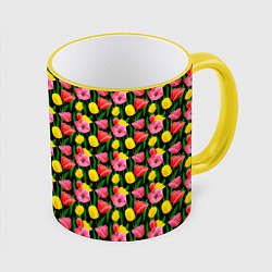 Кружка 3D Разноцветные тюльпаны, цвет: 3D-желтый кант