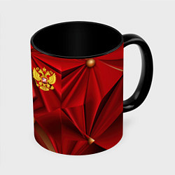 Кружка 3D Золотой герб России на красной абстракции, цвет: 3D-белый + черный
