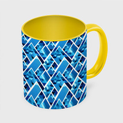 Кружка 3D Синие треугольники и белые полосы, цвет: 3D-белый + желтый