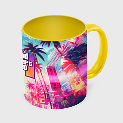 Кружка 3D Gta 6 logo vice city style, цвет: 3D-белый + желтый