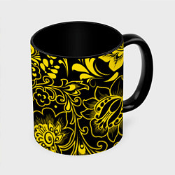 Кружка 3D Хохломская роспись золотые цветы на чёроном фоне, цвет: 3D-белый + черный