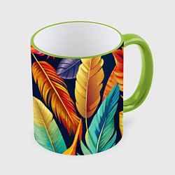 Кружка 3D Пёстрые пёрышки попугаев, цвет: 3D-светло-зеленый кант