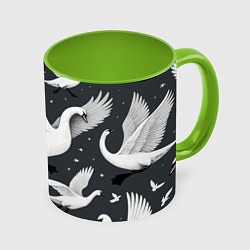 Кружка 3D Стая белых лебедей летящих в небе, цвет: 3D-белый + светло-зеленый