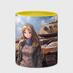 Кружка 3D Русская боевая девушка на фоне танка, цвет: 3D-белый + желтый — фото 2
