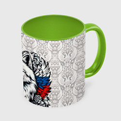 Кружка 3D Герб России и белый русский волк, цвет: 3D-белый + светло-зеленый