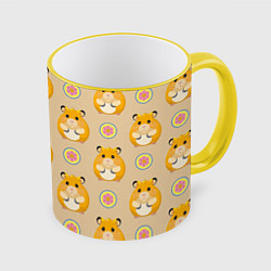 Кружка 3D Хомяк и цветок, цвет: 3D-желтый кант