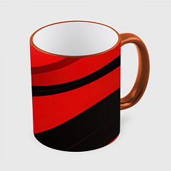 Кружка 3D Объемные волны абстракции и геометрии черно-красны, цвет: 3D-оранжевый кант