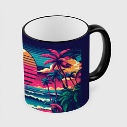 Кружка 3D Закат на пляже vaporwave, цвет: 3D-черный кант