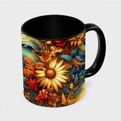 Кружка 3D Композиция из цветов и рваной джинсы - нейросеть, цвет: 3D-белый + черный